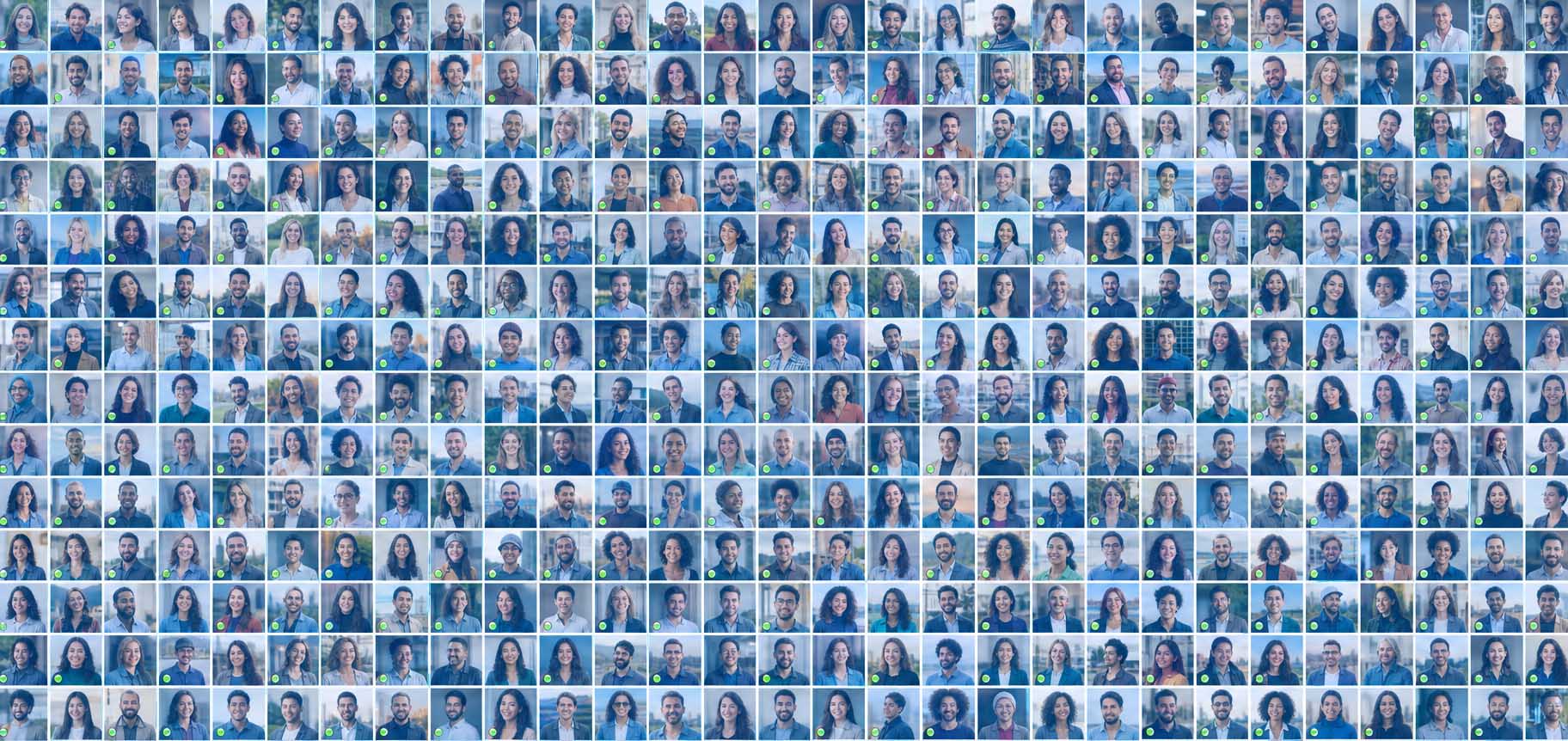 Illustration of a diverse global community shown as a mosaic of adult profile photos